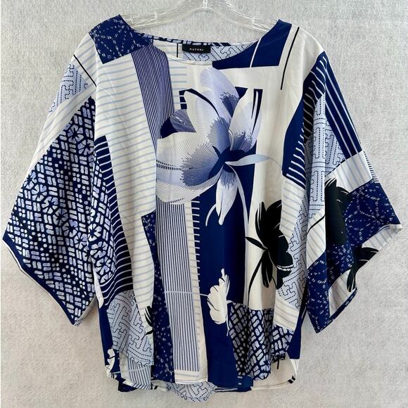 Natori Kabuki PJ Set Large Floral Short Sleeve Draw String Bottoms Blue White - Picture 2 of 14